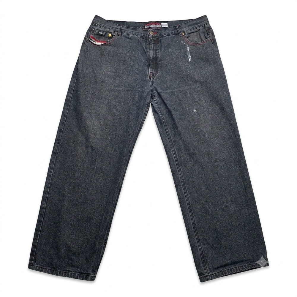 Remixed Mens Jeans 44x32 Y2K Baggy Skater Grunge Wide Leg Dark Denim Red Stitch